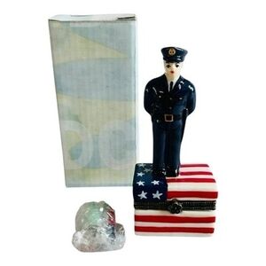 Vintage American Flag PHB Porcelain Hinged Trinket Box Police Officer Figurine